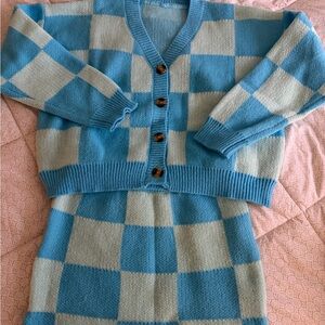 Chic Blue and Green  Checkered Cardigan Set